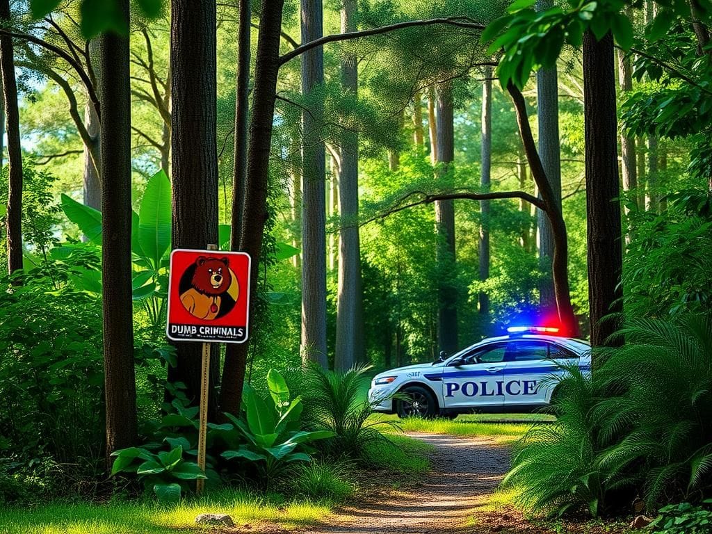 Flick International A serene forest scene in Florida featuring Smokey the Bear's colorful anti-fire signs amidst lush greenery.