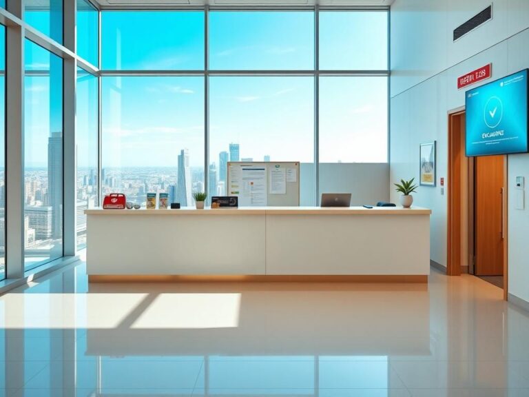 Flick International A modern office reception area showcasing safety features and a vibrant cityscape.