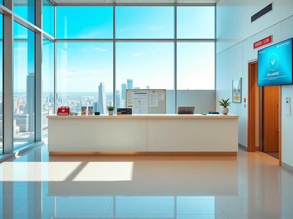Flick International A modern office reception area showcasing safety features and a vibrant cityscape.