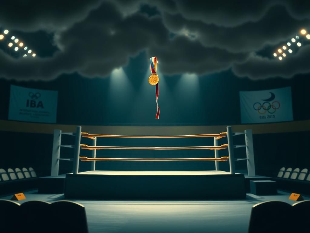 Flick International Boxing ring illuminated by overhead lights, symbolizing scrutiny and tension in the Imane Khelif controversy
