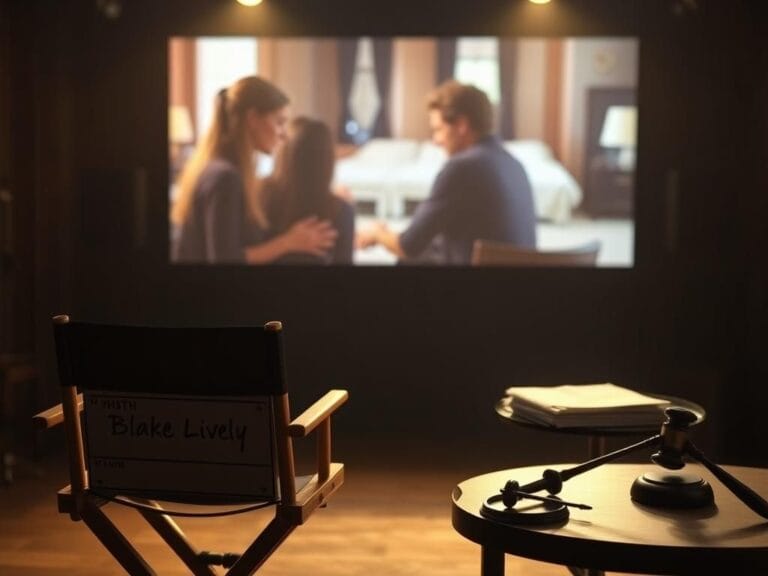 Flick International Empty film set with Blake Lively's director's chair and legal documents emphasizing legal tension.