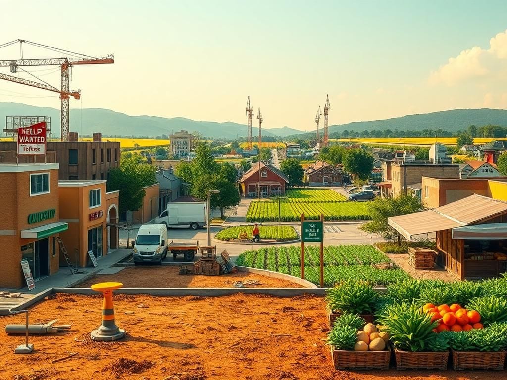 Flick International A bustling urban landscape with construction tools and agricultural fields symbolizing economic growth