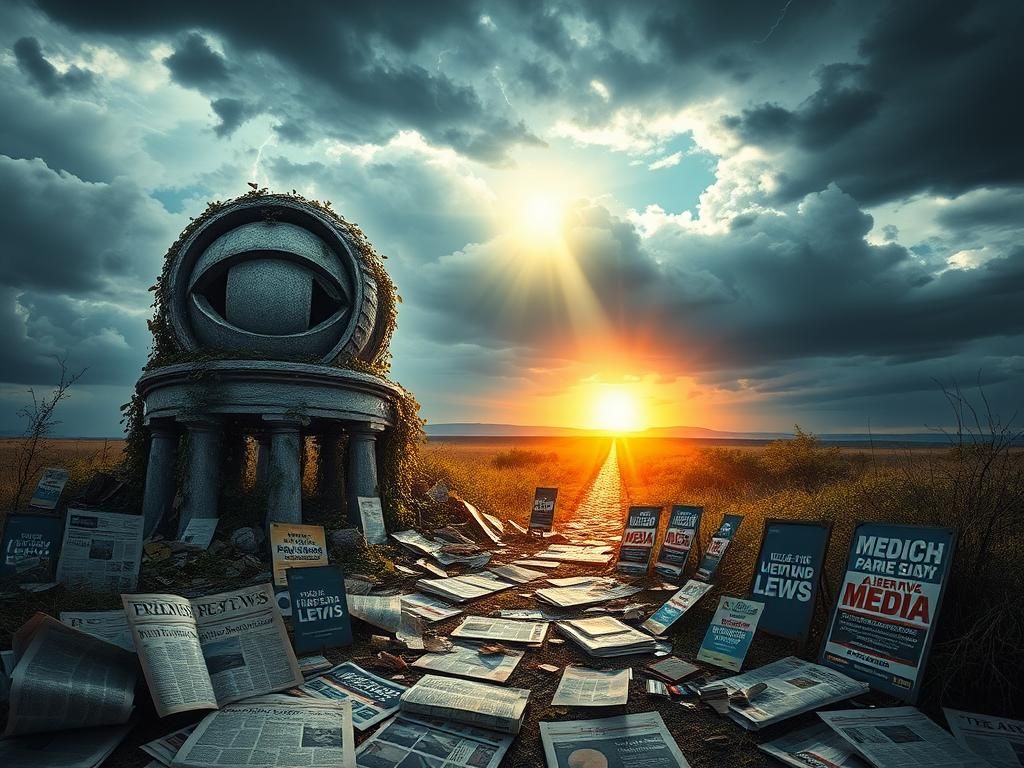 Flick International A crumbling statue of a traditional newsroom engulfed in vines, symbolizing the decline of liberal media