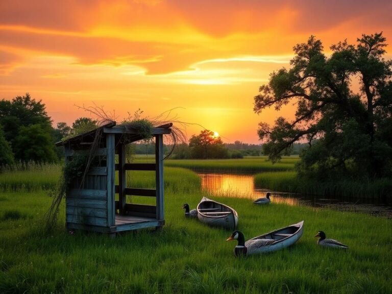 Flick International A serene sunset over a Louisiana bayou with a wooden duck blind and wildflowers