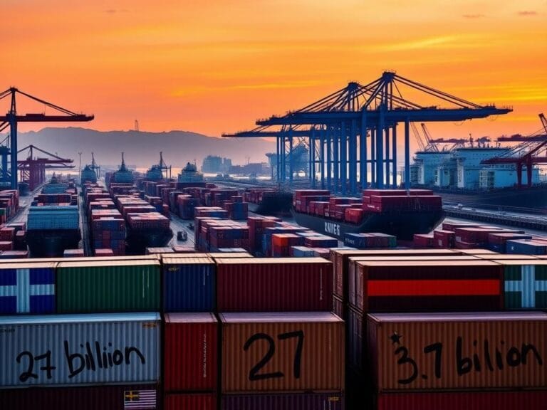 Flick International A bustling trade port scene at dawn with cargo ships and containers from various countries