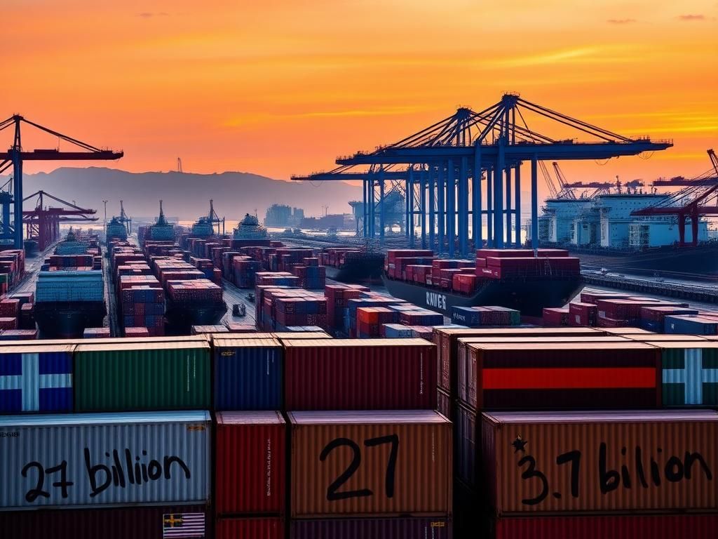 Flick International A bustling trade port scene at dawn with cargo ships and containers from various countries