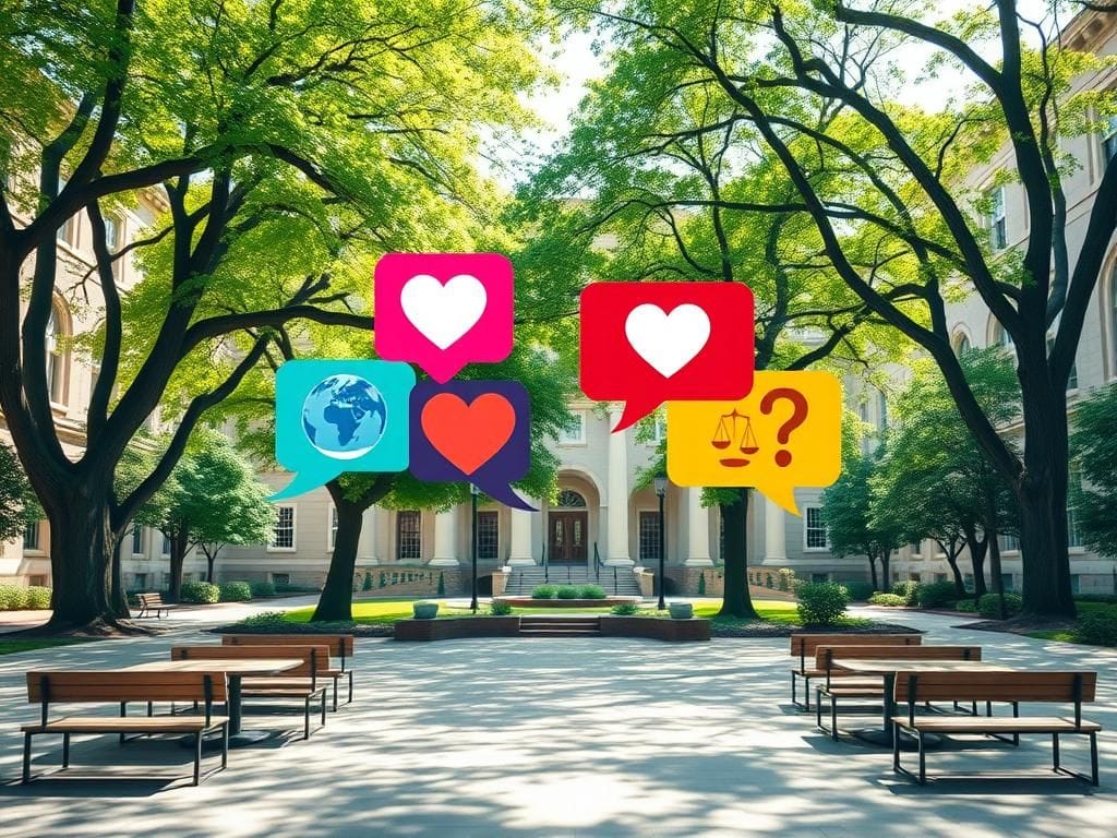 Flick International Serene college campus courtyard filled with colorful speech bubbles representing diverse ideas