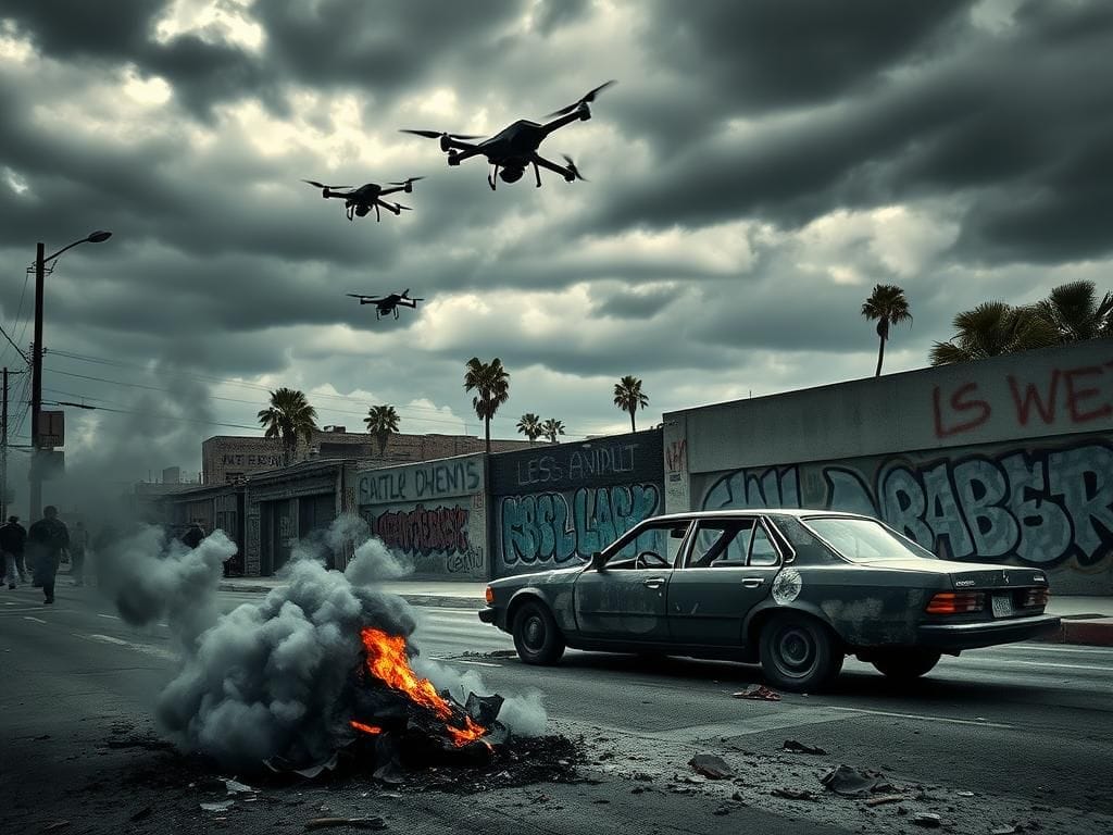 Flick International Charred car in the foreground with military drones hovering above a deserted street post-protest in Los Angeles