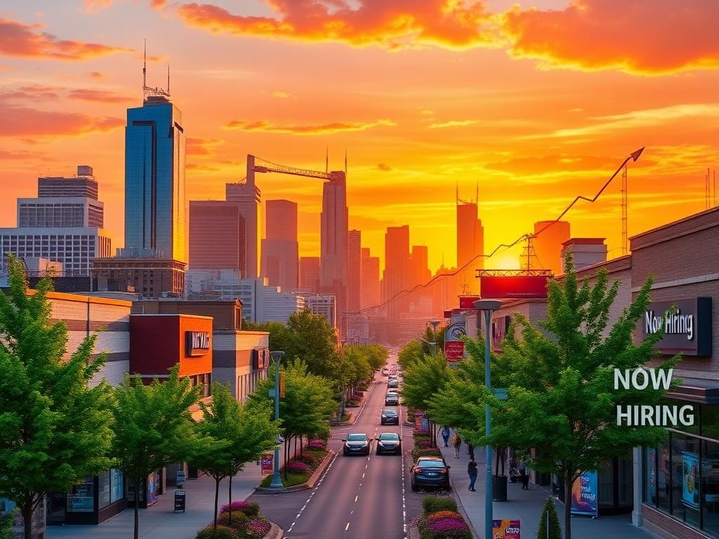 Flick International Vibrant skyline of a bustling American city at sunset symbolizing economic growth