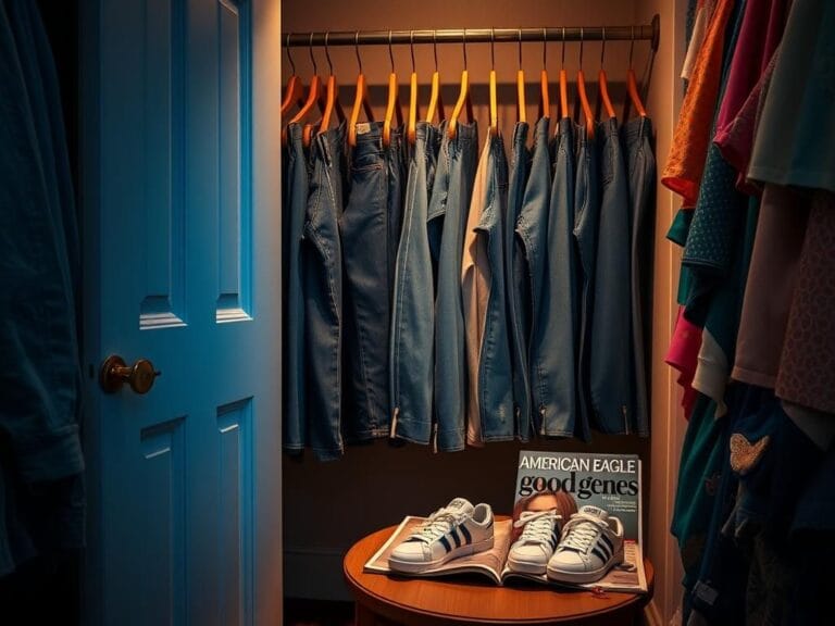 Flick International A softly illuminated dressing room showcasing American Eagle jeans on racks