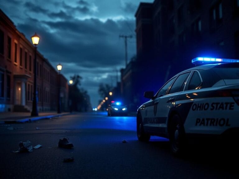 Flick International A dimly lit street in Cincinnati, Ohio, showcasing scattered debris and a police car after a recent violent incident