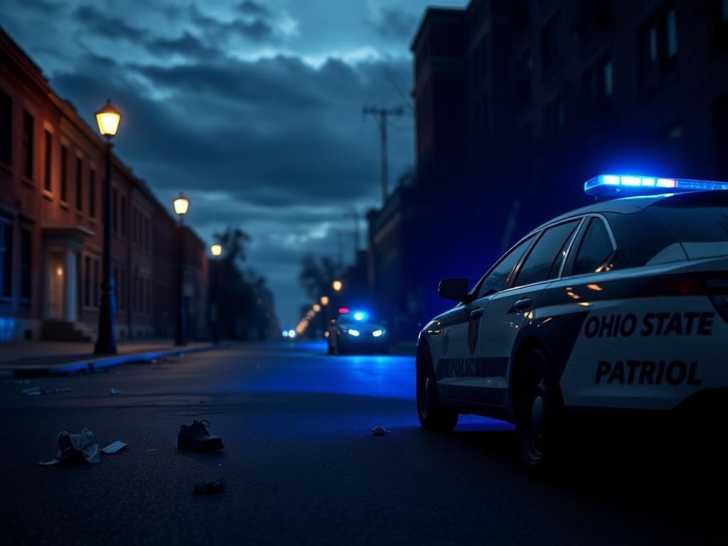 Flick International A dimly lit street in Cincinnati, Ohio, showcasing scattered debris and a police car after a recent violent incident
