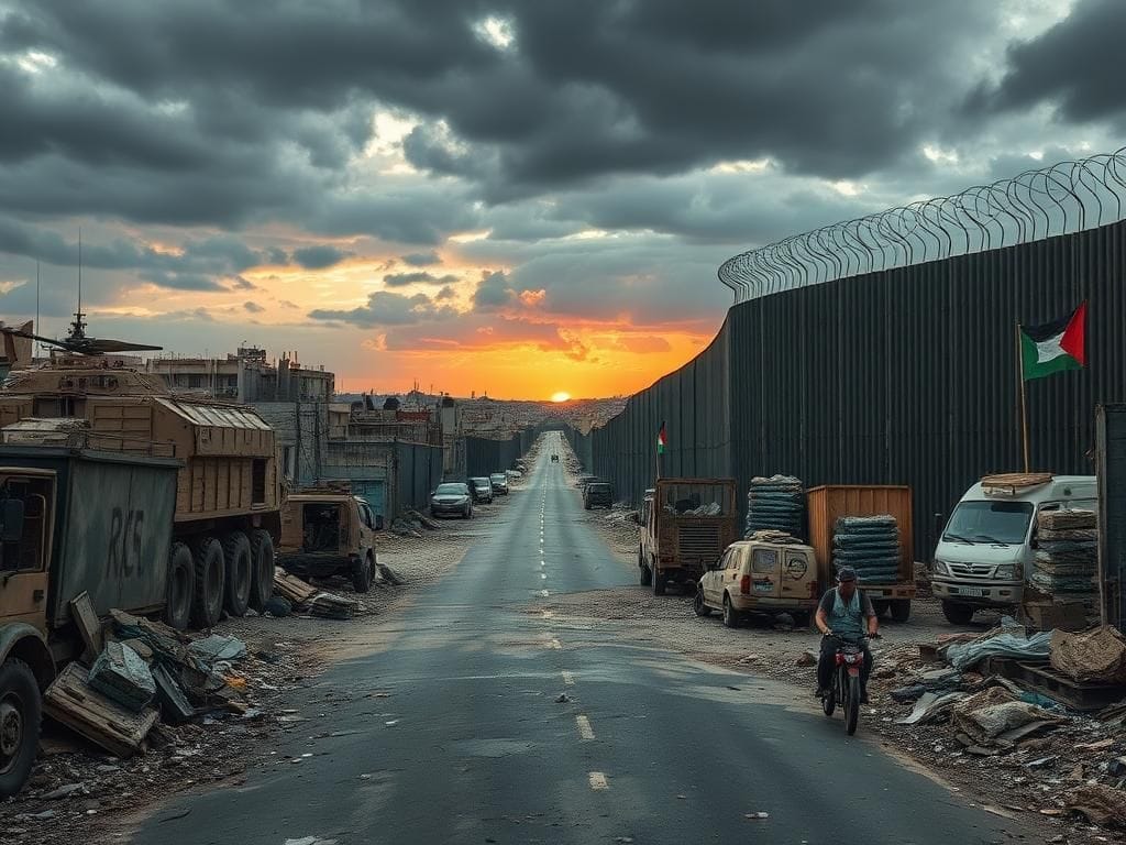 Flick International A dramatic landscape showing a divided city symbolizing the conflict between Israel and Palestine, featuring a wall and military presence