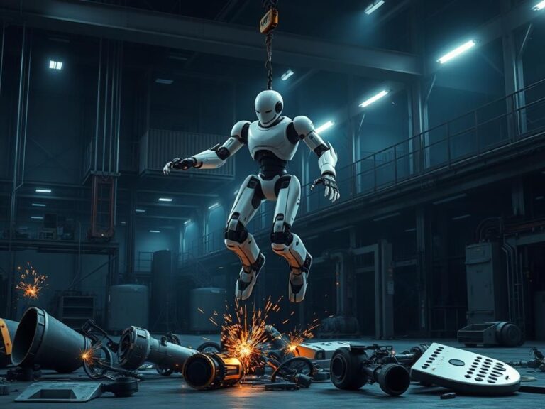 Flick International Life-sized humanoid robot, Unitree H1, suspended from a crane in a chaotic factory setting