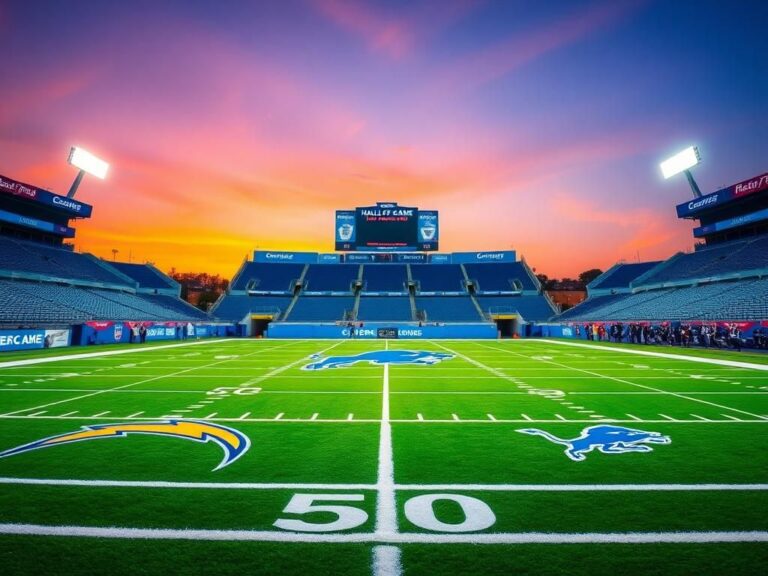 Flick International An empty football field at dusk featuring Chargers and Lions colors