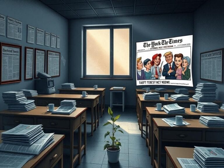 Flick International Dimly lit newsroom symbolizing viewpoint diversity issues with empty desks and critical editorial cartoon