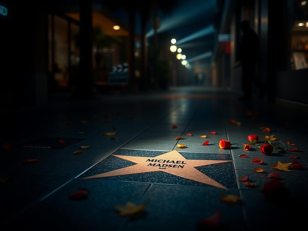 Flick International Spotlight illuminating Michael Madsen's Hollywood star surrounded by roses and autumn leaves