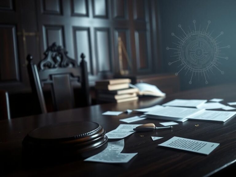 Flick International Dimly lit courtroom scene highlighting the judge's bench and legal symbols