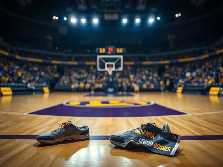 Flick International Empty basketball court of the Indiana Fever with worn sneakers symbolizing DeWanna Bonner's brief stay