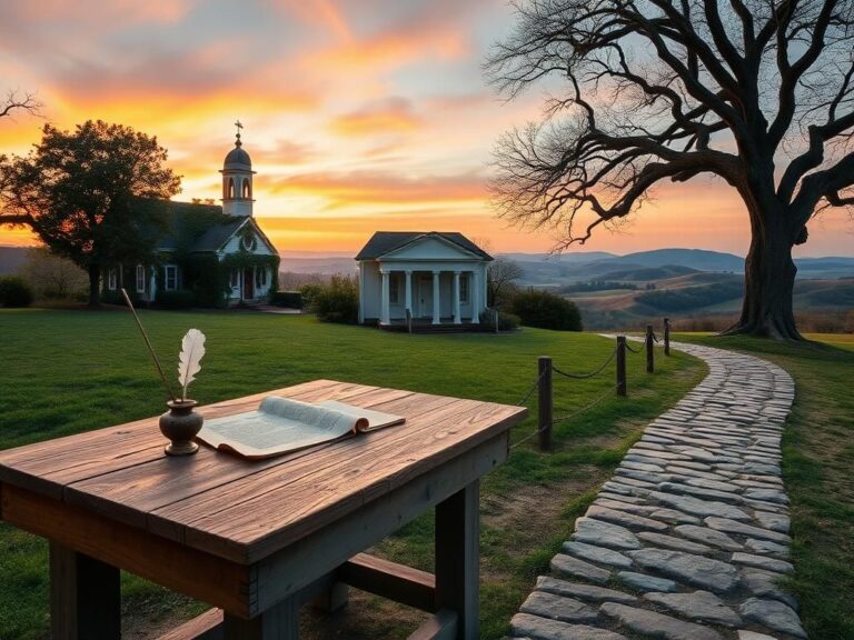 Flick International A serene historic landscape in Virginia featuring a weathered wooden table with an antique quill and parchment symbolizing the Declaration of Independence