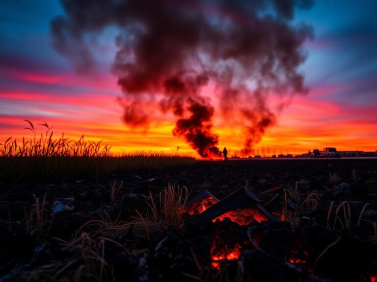 Flick International A Navy F-35 fighter jet crash site showing scorched earth and smoke rising in the background.