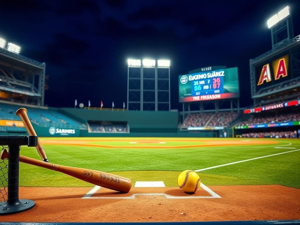 Flick International A vibrant baseball stadium at night with a chalked diamond and baseball bat