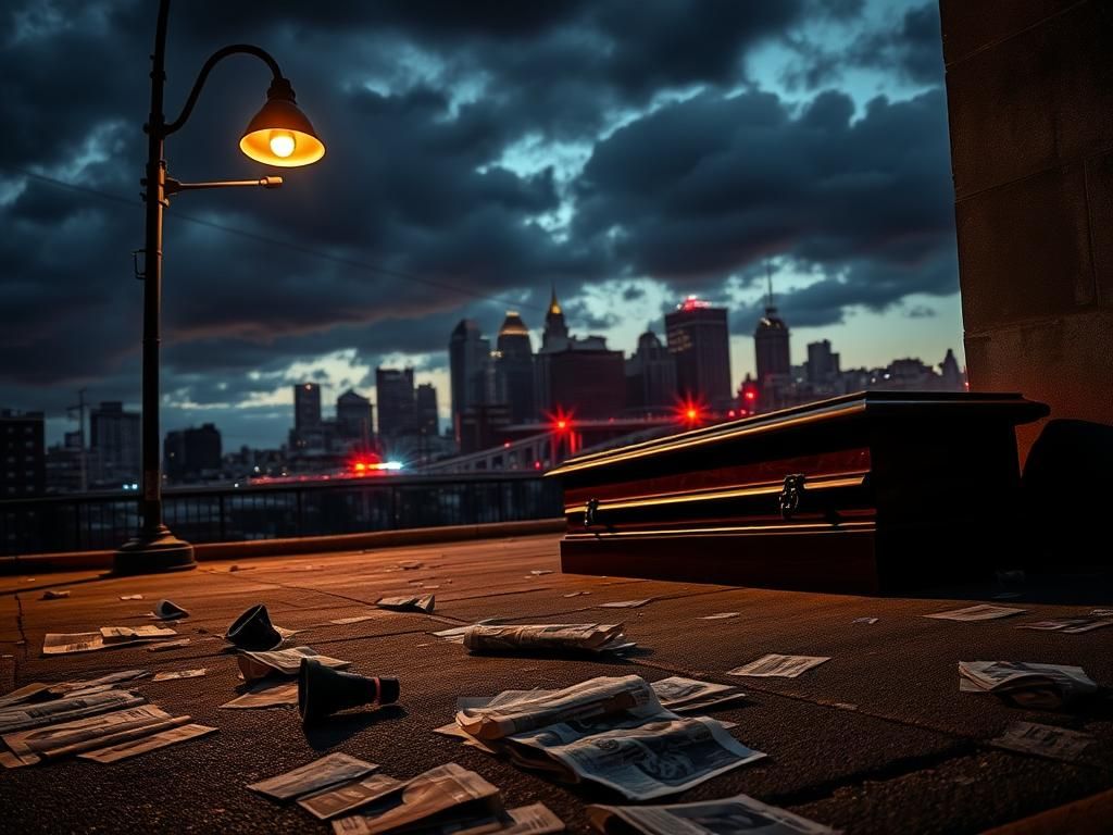 Flick International Dramatic Cincinnati skyline at dusk with dark clouds, broken streetlight, and scattered newspaper clippings