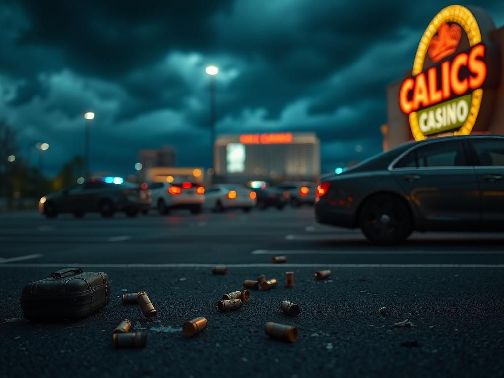 Flick International Desolate parking lot outside Reno's Grand Sierra Resort casino marked by shell casings and personal belongings.