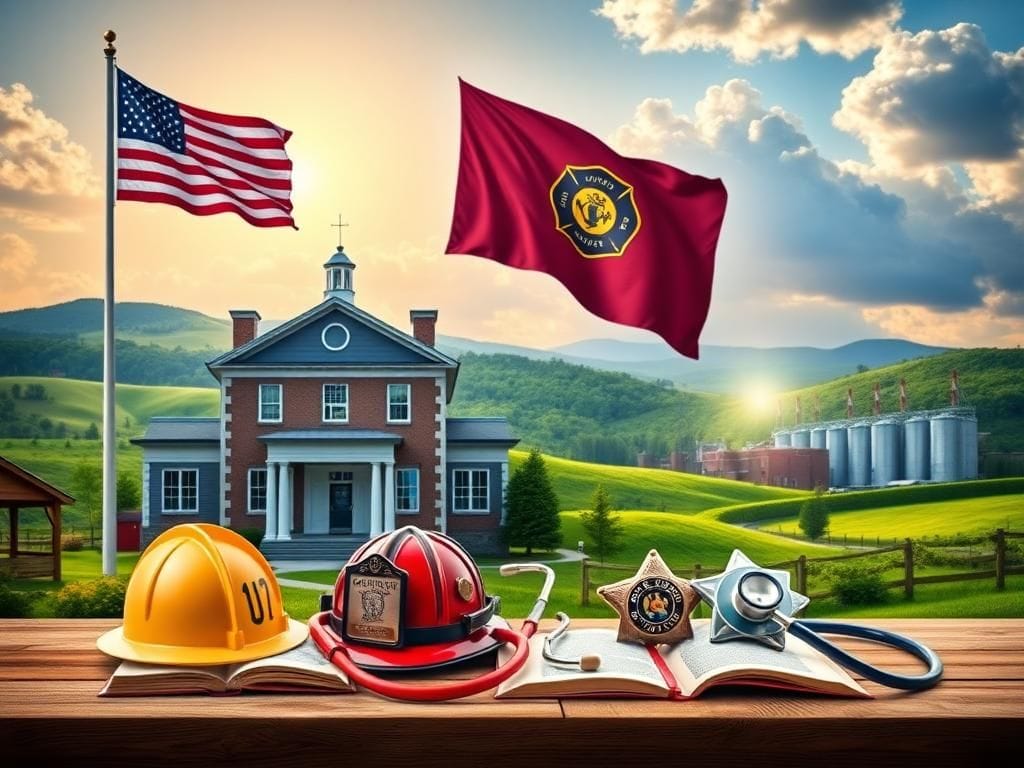 Flick International A vibrant Michigan community scene featuring a large American flag, symbols of first responders, and rolling green hills.