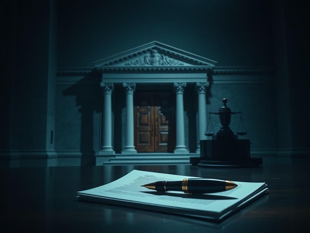 Flick International A marble-columned government building symbolizing the U.S. Capitol, featuring an ajar wooden door and a focus on legal documents