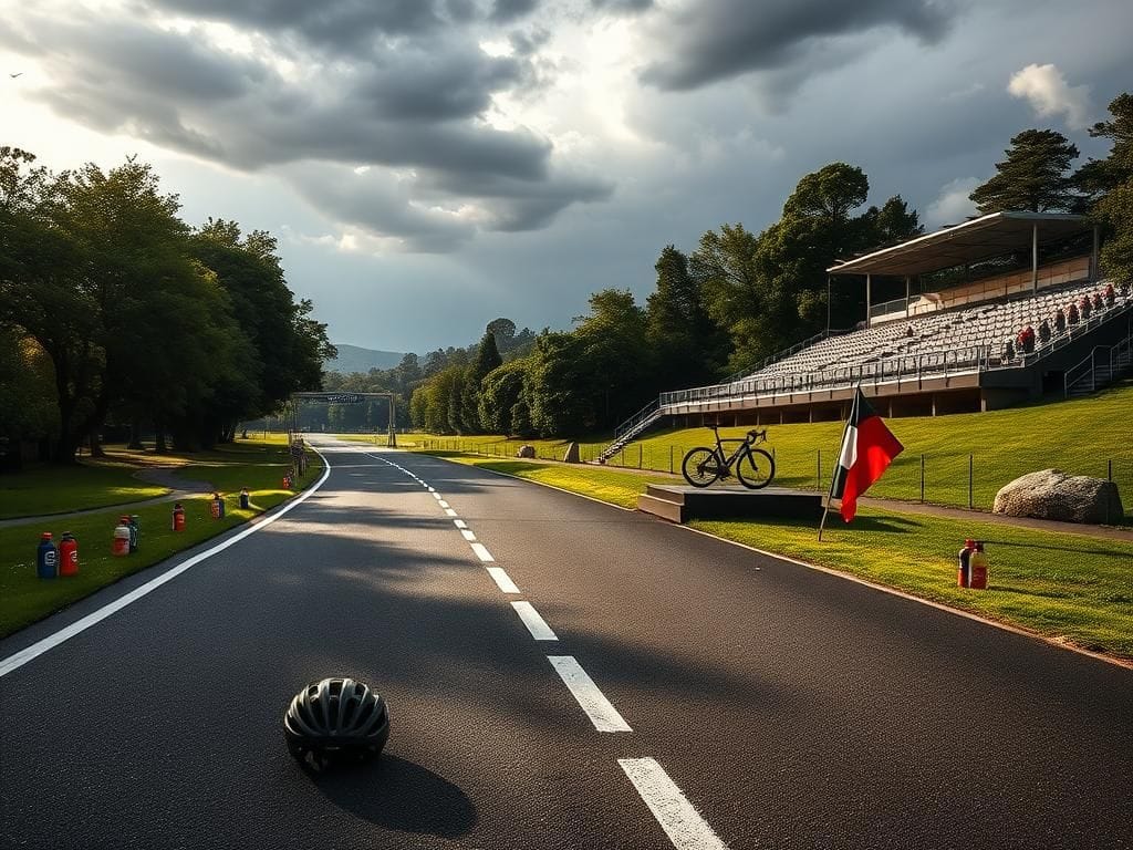 Flick International A deserted cycling racecourse surrounded by lush greenery