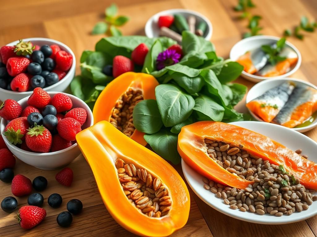 Flick International An assortment of nutrient-rich foods including fresh mixed berries, spinach, papaya, lentils, sardines, and salmon on a wooden table