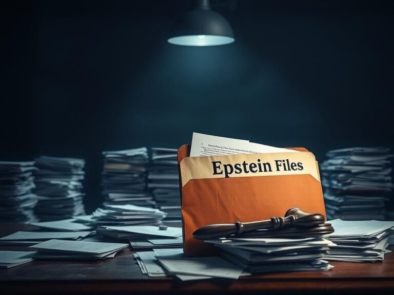 Flick International Dimly lit room with documents and Epstein Files folder on a wooden table
