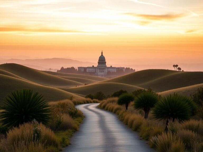 Flick International Scenic California landscape with rolling hills and state capitol building symbolizing political aspirations