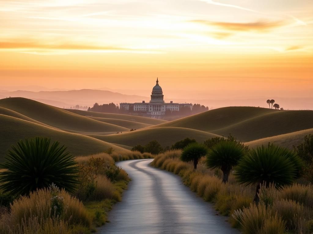 Flick International Scenic California landscape with rolling hills and state capitol building symbolizing political aspirations