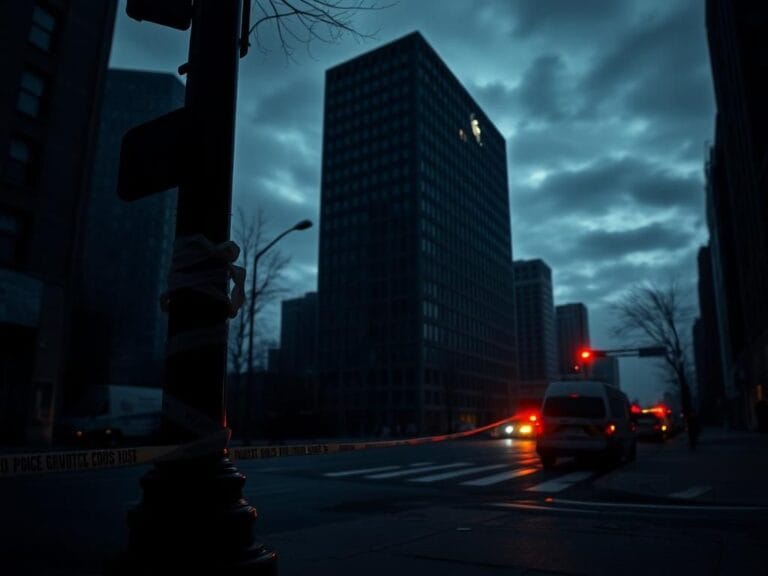 Flick International Aftermath of a mass shooting in Manhattan with police tape and evidence markers
