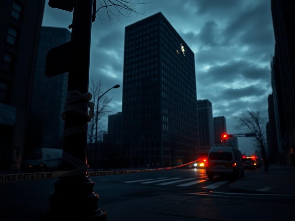 Flick International Aftermath of a mass shooting in Manhattan with police tape and evidence markers