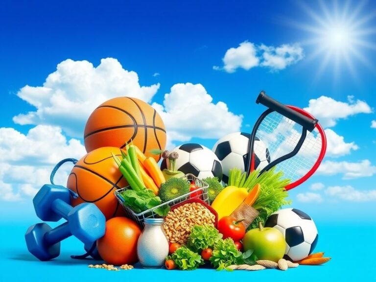 Flick International A vibrant scene showcasing various sports equipment and nutritious food items emphasizing the importance of physical fitness.