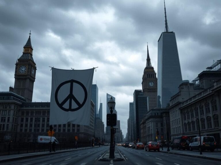 Flick International A dramatic urban skyline of London and New York against a gloomy sky, featuring contrasting symbols of peace and conflict.