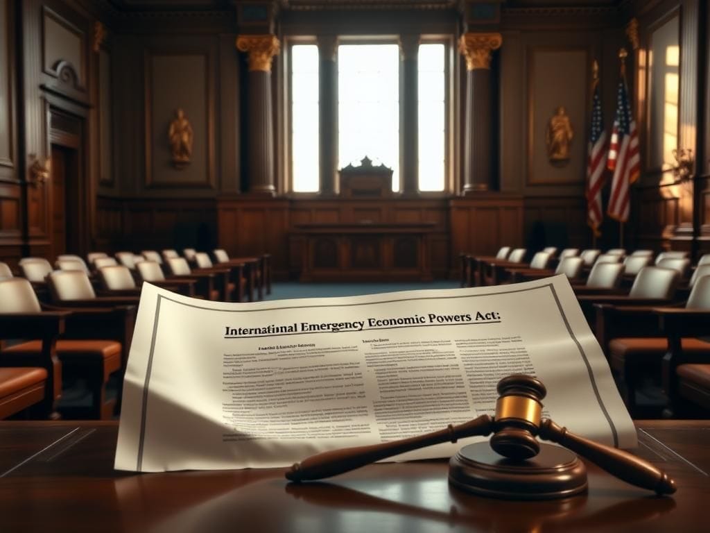 Flick International Dramatic courtroom interior showcasing a judge's bench and empty chairs with a legal document in focus