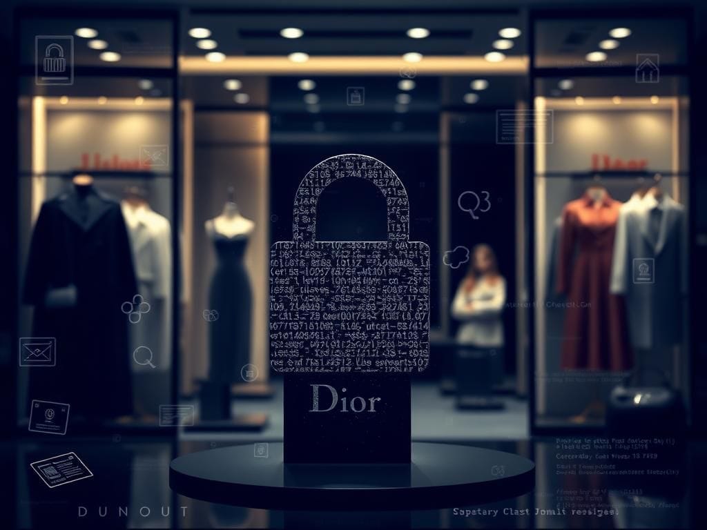 Flick International Luxury fashion store display featuring Dior logo with digital padlock symbol representing cybersecurity concerns