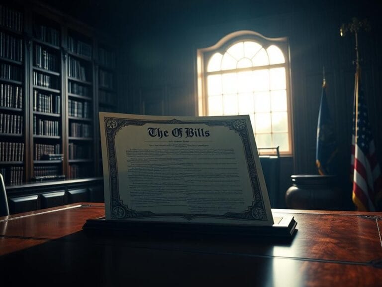 Flick International A dramatic depiction of a large, ornate bill on a polished wooden desk, symbolizing significant legislation passed by Congress.