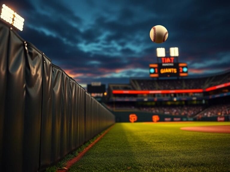 Flick International Mike Yastrzemski making an incredible catch against the outfield wall in a San Francisco Giants game at dusk.