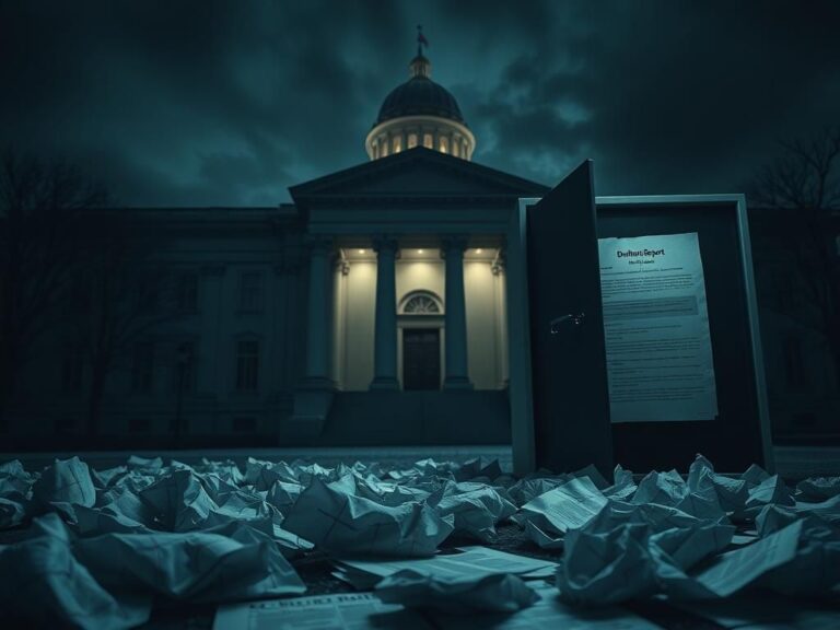 Flick International A shadowy government building representing secrecy and power in relation to the Durham report.