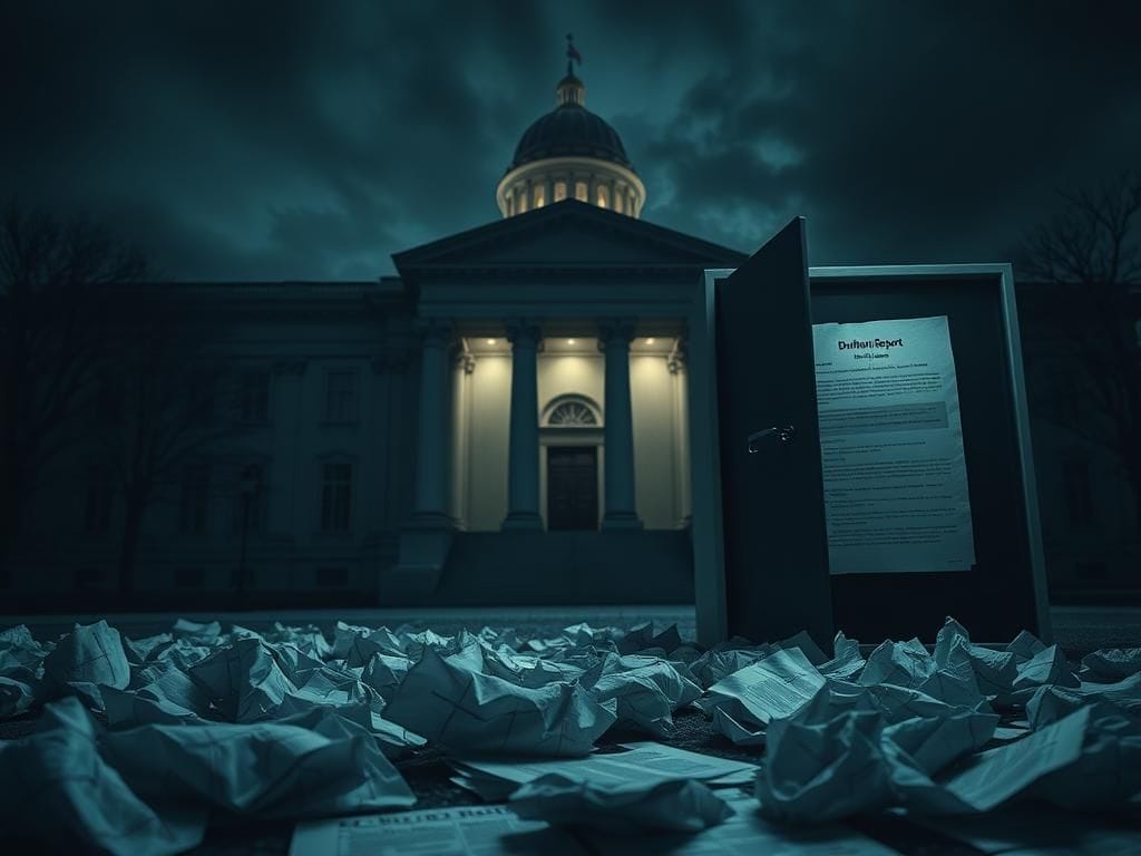 Flick International A shadowy government building representing secrecy and power in relation to the Durham report.