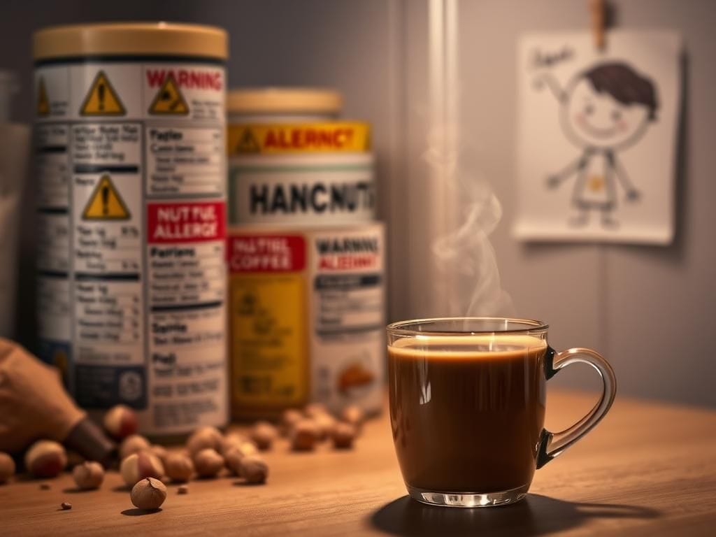 Flick International A steaming cup of hazelnut coffee with allergen warnings and a children's drawing in a cozy kitchen setting.