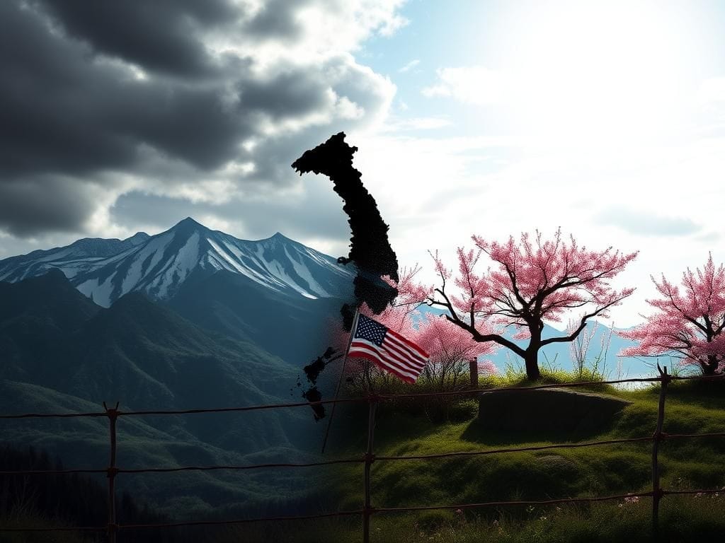 Flick International Dramatic landscape of the Korean Peninsula illustrating North and South Korea's contrasting ideologies.