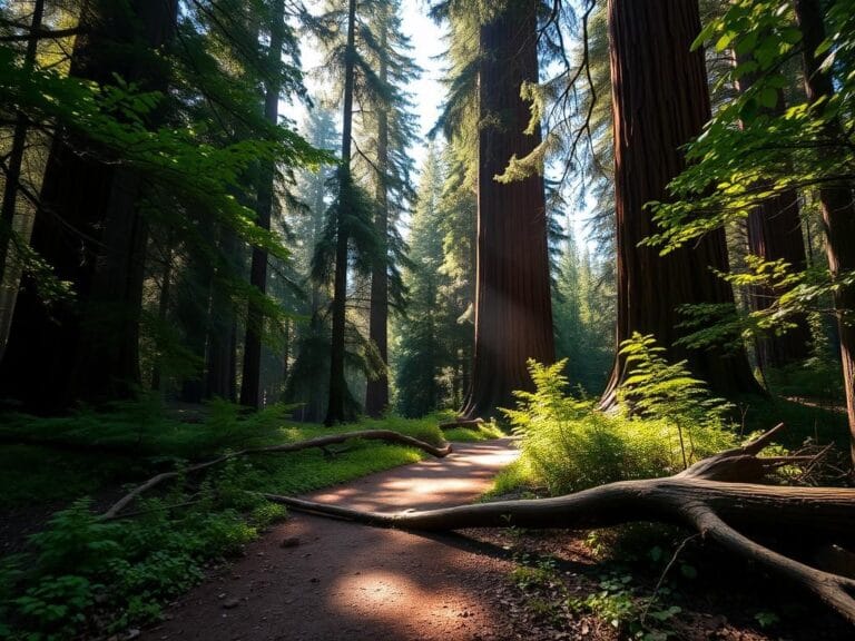 Flick International A serene view of the Tuolumne Grove trail with towering giant sequoia trees and lush greenery