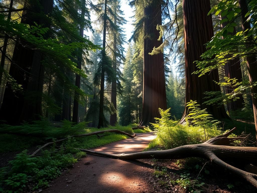 Flick International A serene view of the Tuolumne Grove trail with towering giant sequoia trees and lush greenery