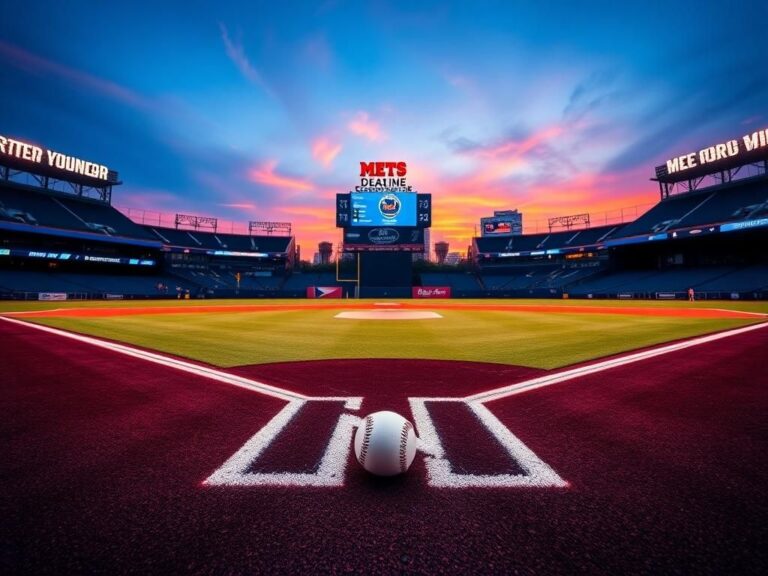 Flick International Empty baseball diamond at dusk with Mets colors